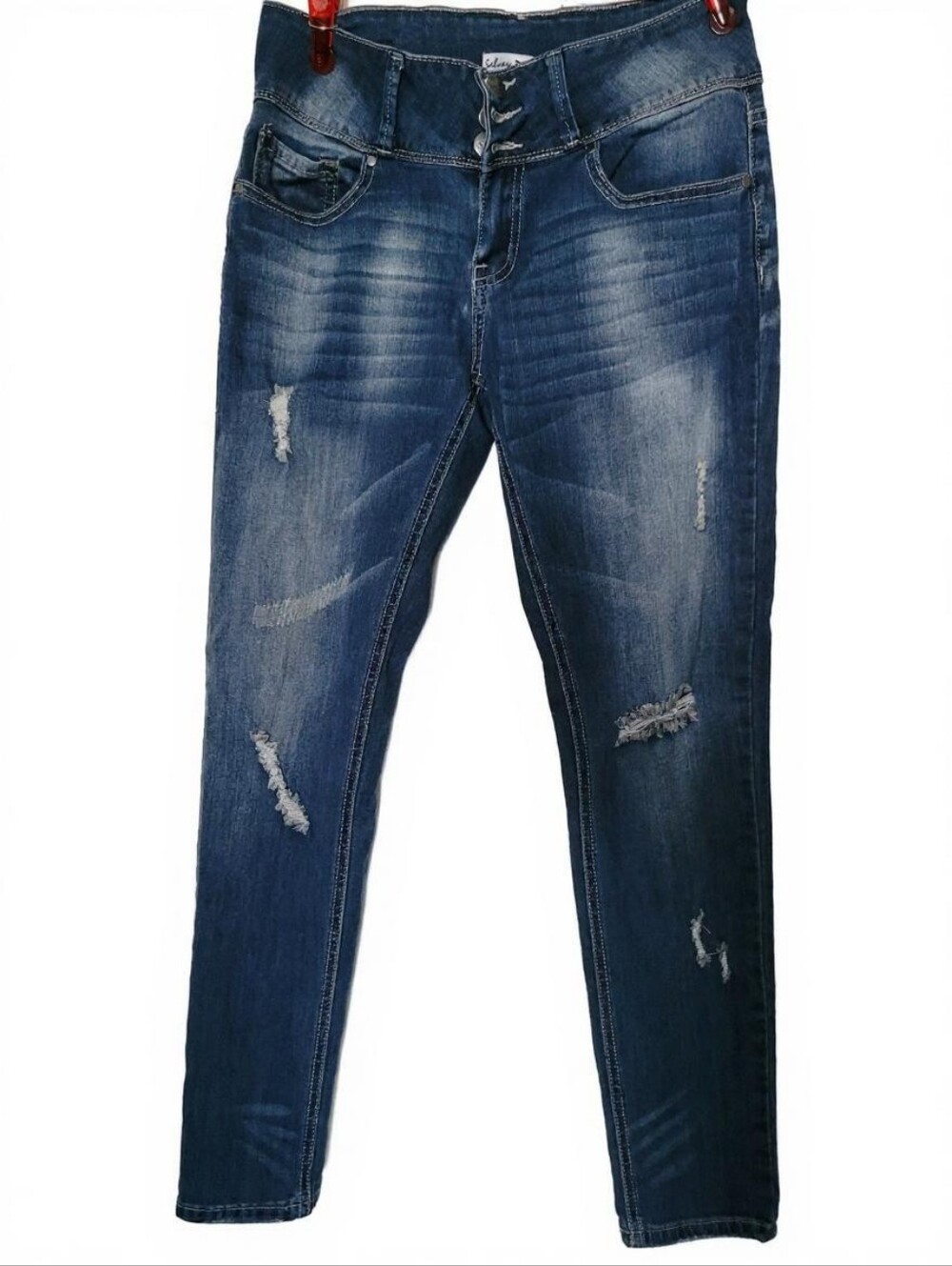 Salvage Women's Faded Blue Distressed Skinny Jeans